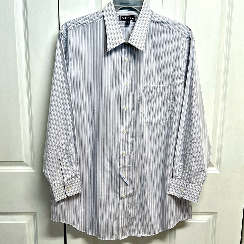 Paul Fredrick White & Light Green Pinstripe Pocket Dress Shirt Size 17 NWOT - Picture 1 of 7
